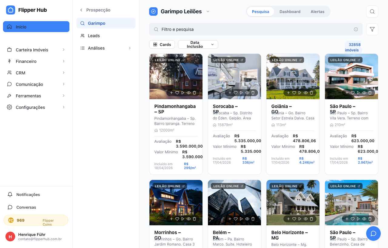 Tela de garimpo do Flipper Hub mostrando grid de imóveis em leilão.